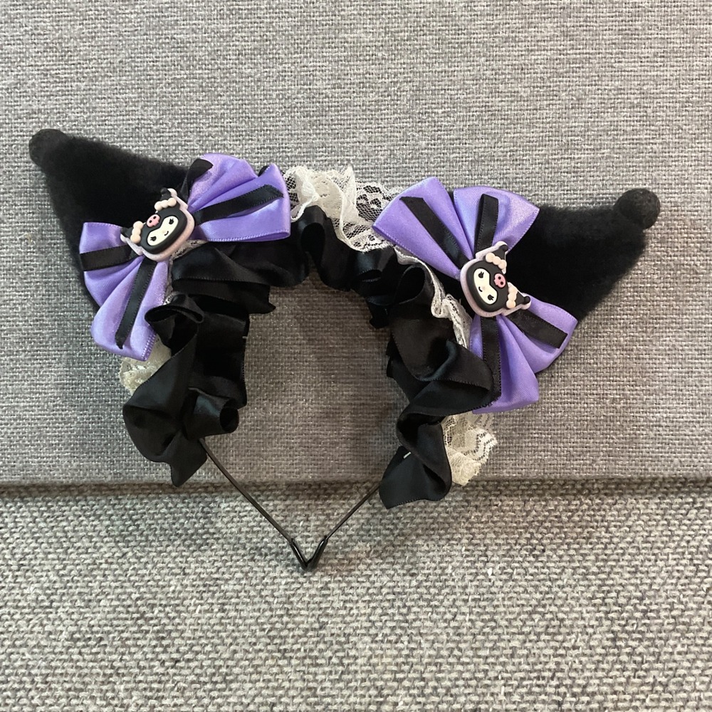 Sanrio Kuromi Plush Ear Headband Purple Bows Lace Ruffle Gothic Lolita Cosplay